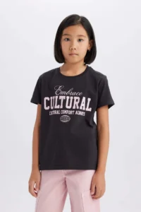 DeFacto Relax Fit Crew Neck Printed Short Sleeve T-Shirt Girls - Image 3