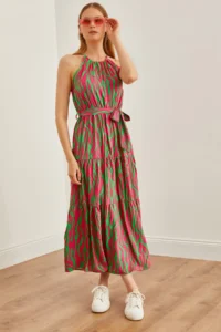 Olalook Women's Zebra Fuchsia Green Halter Neck Belted Woven Viscon Dress