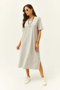 Olalook Women's Yunus Gray Oversize Cotton Dress with Side Slits - Image 3