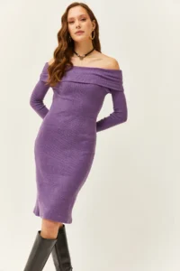 Olalook Women Purple Madonna Collar Lycra Dress - Image 2