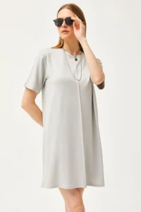 Olalook Women's Gray Front Stitched Soft Textured Mini Dress - Image 3
