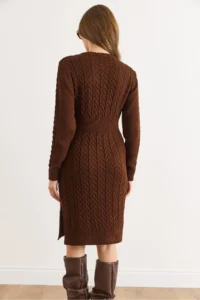 Olalook Women's Bitter Brown Waist Banded Slit Hair Knitted Mini Dress - Image 4
