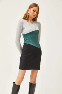 Olalook Women's Gray Green Black Color Block Raised Mini Dress - Image 4