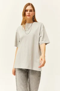 Olalook Women's Dolphin Gray Buttoned Side Cotton T-Shirt - Image 2