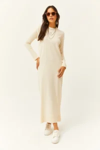 Olalook Women's Stone Crew Neck Long Knitwear Dress - Image 2