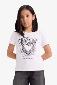 DeFacto Crew Neck Printed Short Sleeve T-Shirt Girls - Image 4