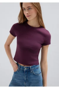 Mavi Purple Basic Crop T-Shirt Crop / Short Cut -70434 - Image 2