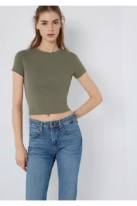 Mavi Green Basic Crop T-Shirt Crop / Short Cut -86961 - Image 2