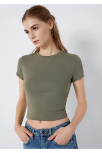 Mavi Green Basic Crop T-Shirt Crop / Short Cut -86961 - Image 3