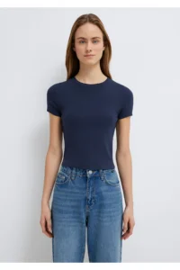 Mavi Navy Blue Basic Crop T-Shirt Crop / Short Cut -85315 - Image 3
