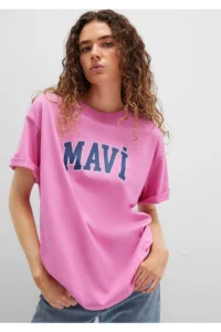 Mavi Logo Printed Pink T-Shirt Oversize / Wide Cut - Image 3
