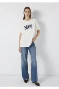 Mavi Logo Printed Ecru T-Shirt Oversize / Wide Cut -81964