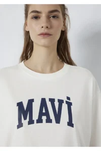 Mavi Logo Printed Ecru T-Shirt Oversize / Wide Cut -81964 - Image 7