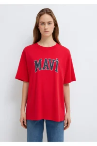 Mavi Logo Printed Red T-Shirt Oversize / Wide Cut -82054 - Image 3