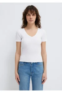 Mavi White Basic V-Neck T-Shirt Fitted - Image 3