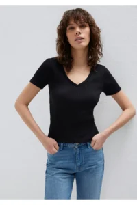 Mavi Black Basic V-Neck T-Shirt Fitted - Image 2