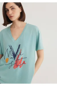 Mavi Printed Green Istanbul T-Shirt Loose Fit / Loosely Comfortable Cut