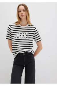 Mavi Logo Printed Black Striped T-Shirt Regular Fit / Normal Cut -84041