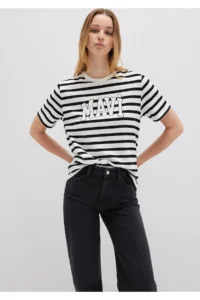 Mavi Logo Printed Black Striped T-Shirt Regular Fit / Normal Cut -84041 - Image 2