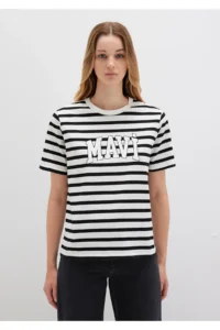 Mavi Logo Printed Black Striped T-Shirt Regular Fit / Normal Cut -84041 - Image 3