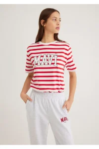 Mavi Logo Printed Red Striped T-Shirt Regular Fit / Normal Cut -84475 - Image 2