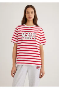 Mavi Logo Printed Red Striped T-Shirt Regular Fit / Normal Cut -84475 - Image 3