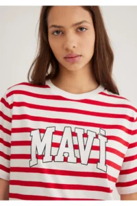 Mavi Logo Printed Red Striped T-Shirt Regular Fit / Normal Cut -84475 - Image 5