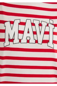 Mavi Logo Printed Red Striped T-Shirt Regular Fit / Normal Cut -84475 - Image 6