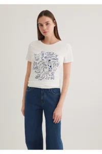 Mavi Cat Printed White T-Shirt Slim Fit / Slim Fit -70057 - Image 2