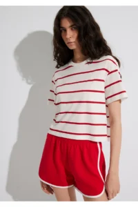 Mavi Red Striped Crop T-Shirt Crop / Short Cut -86680 - Image 2
