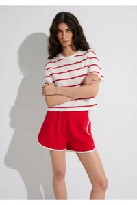 Mavi Red Striped Crop T-Shirt Crop / Short Cut -86680 - Image 3