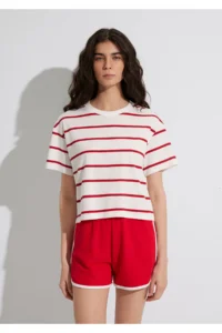 Mavi Red Striped Crop T-Shirt Crop / Short Cut -86680 - Image 4
