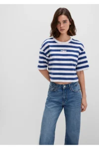 Mavi Miav Printed Striped Crop T-Shirt Crop / Short Cut -87201 - Image 2