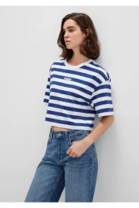 Mavi Miav Printed Striped Crop T-Shirt Crop / Short Cut -87201 - Image 3