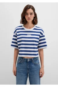 Mavi Miav Printed Striped Crop T-Shirt Crop / Short Cut -87201 - Image 4