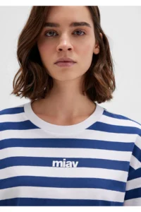 Mavi Miav Printed Striped Crop T-Shirt Crop / Short Cut -87201 - Image 6