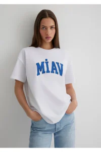 Mavi Miav Printed White T-Shirt Loose Fit / Loosely Comfortable Cut -620