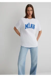 Mavi Miav Printed White T-Shirt Loose Fit / Loosely Comfortable Cut -620 - Image 2