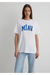 Mavi Miav Printed White T-Shirt Loose Fit / Loosely Comfortable Cut -620 - Image 3