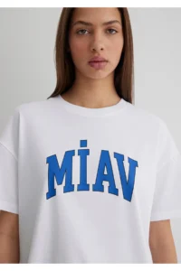 Mavi Miav Printed White T-Shirt Loose Fit / Loosely Comfortable Cut -620 - Image 5