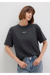 Mavi Logo Printed Anthracite T-Shirt Loose Fit -70087