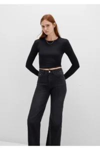 Mavi Long Sleeve Black Crop Basic T-Shirt Crop / Short Cut -900
