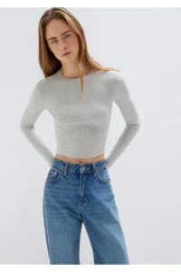 Mavi Long Sleeve Gray Crop Basic T-Shirt Crop / Short Cut -88467