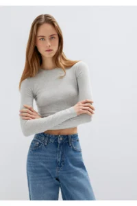 Mavi Long Sleeve Gray Crop Basic T-Shirt Crop / Short Cut -88467 - Image 2