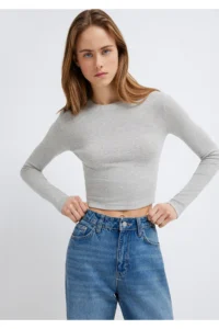 Mavi Long Sleeve Gray Crop Basic T-Shirt Crop / Short Cut -88467 - Image 3
