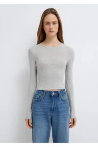 Mavi Long Sleeve Gray Crop Basic T-Shirt Crop / Short Cut -88467 - Image 4