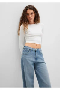 Mavi Long Sleeve White Crop Basic T-Shirt Crop / Short Cut -70057