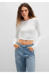 Mavi Long Sleeve White Crop Basic T-Shirt Crop / Short Cut -70057 - Image 3
