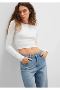 Mavi Long Sleeve White Crop Basic T-Shirt Crop / Short Cut -70057 - Image 4