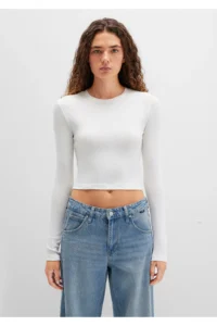 Mavi Long Sleeve White Crop Basic T-Shirt Crop / Short Cut -70057 - Image 5